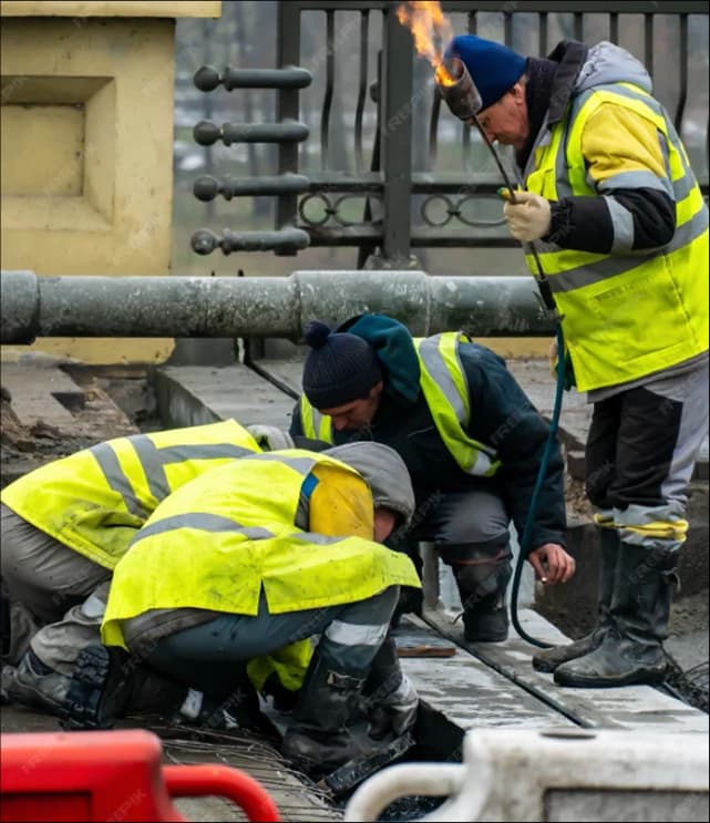 Construction engineers reviewing pipeline infrastructure with monitoring technology