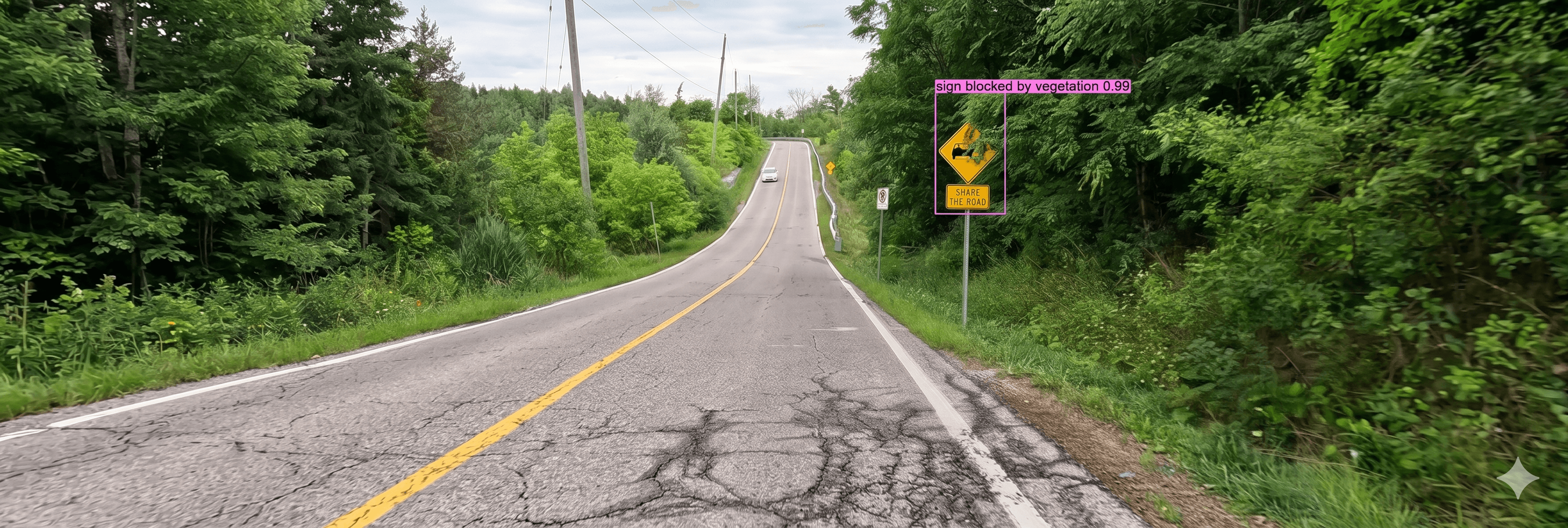 Vehicle-mounted road inspection with AI-detected traffic sign labeled blocked by vegetation