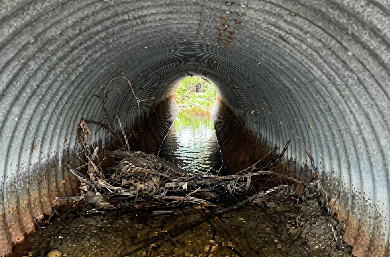 Blockage visible during a culvert inspection
