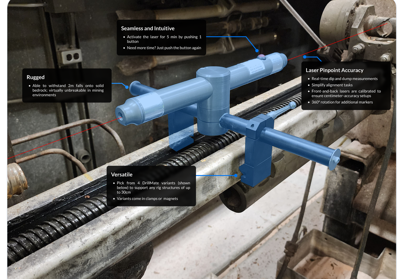 DrillMate installed on industrial drilling equipment with feature callouts