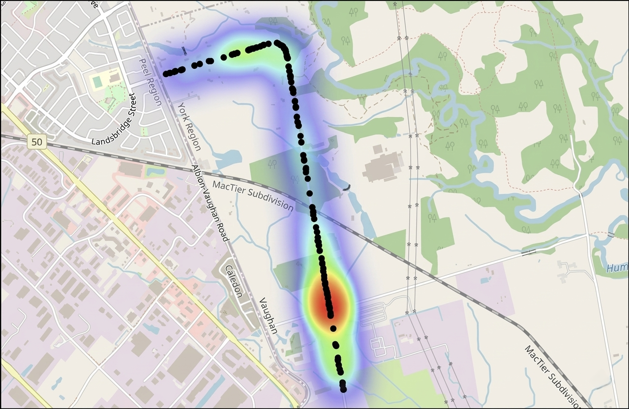 Road monitoring dashboard map showing geospatial defect detection points across a network