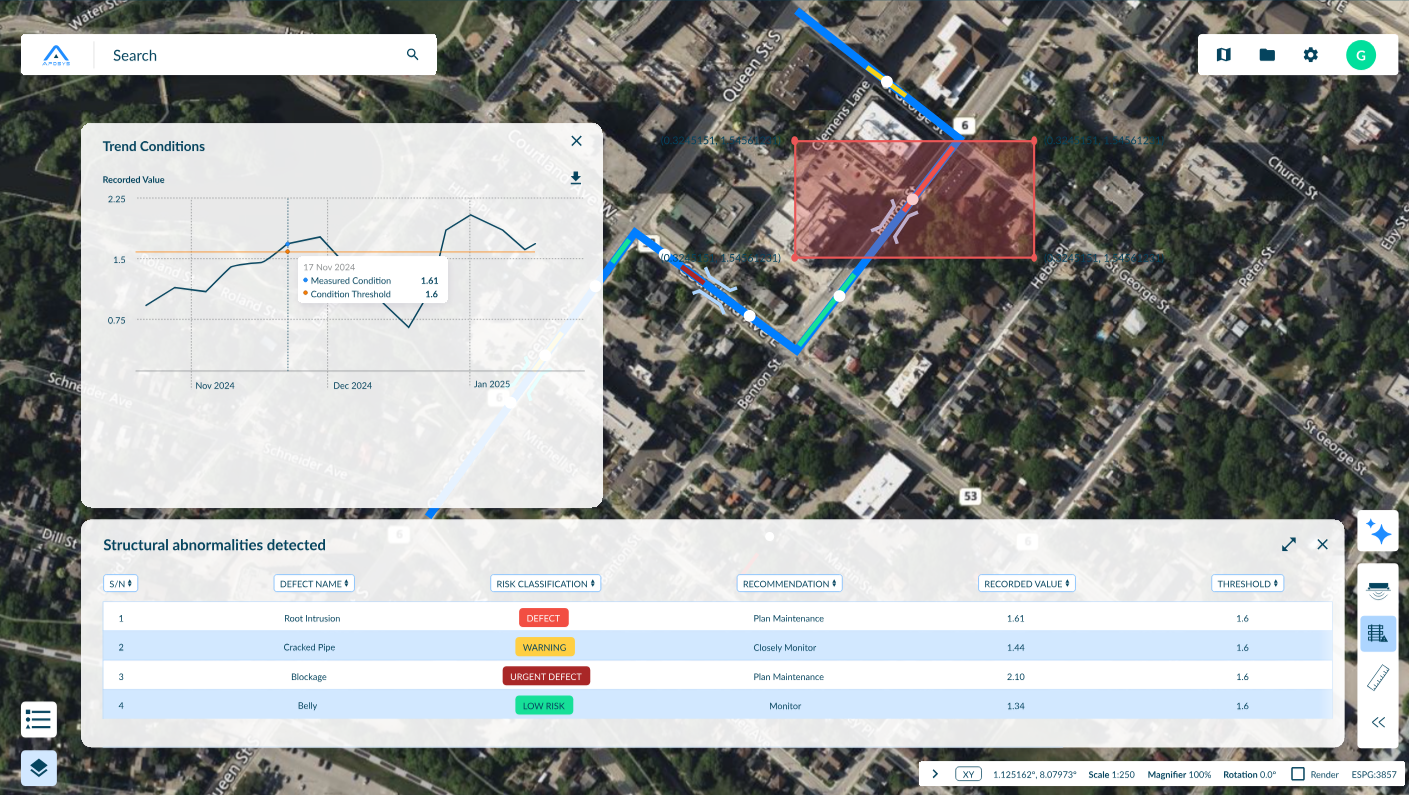 Sewer monitoring dashboard showing pipeline routes and structural anomaly detection